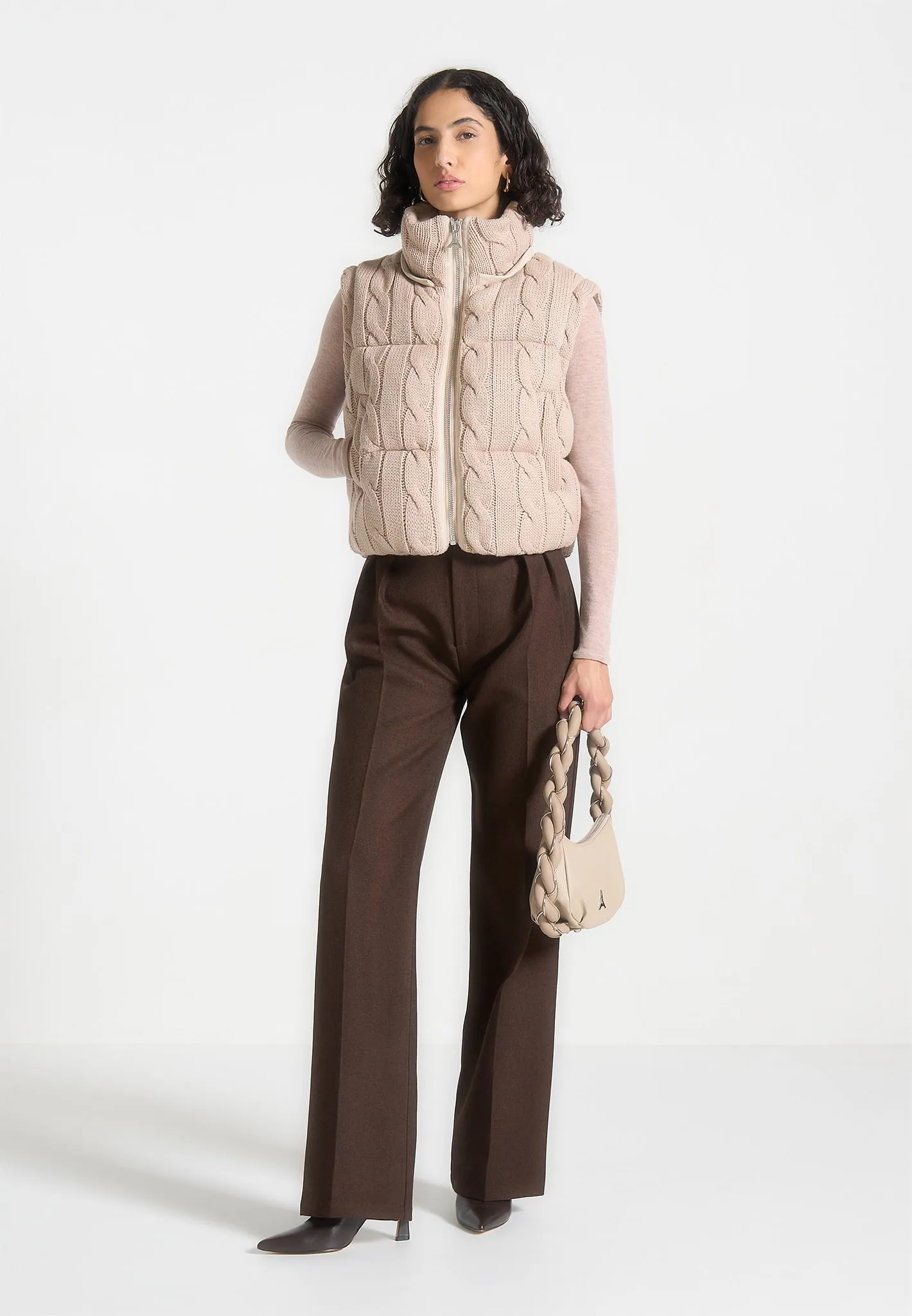 2-in-1 Cable Knit Puffer Jacket/Gilet - Beige