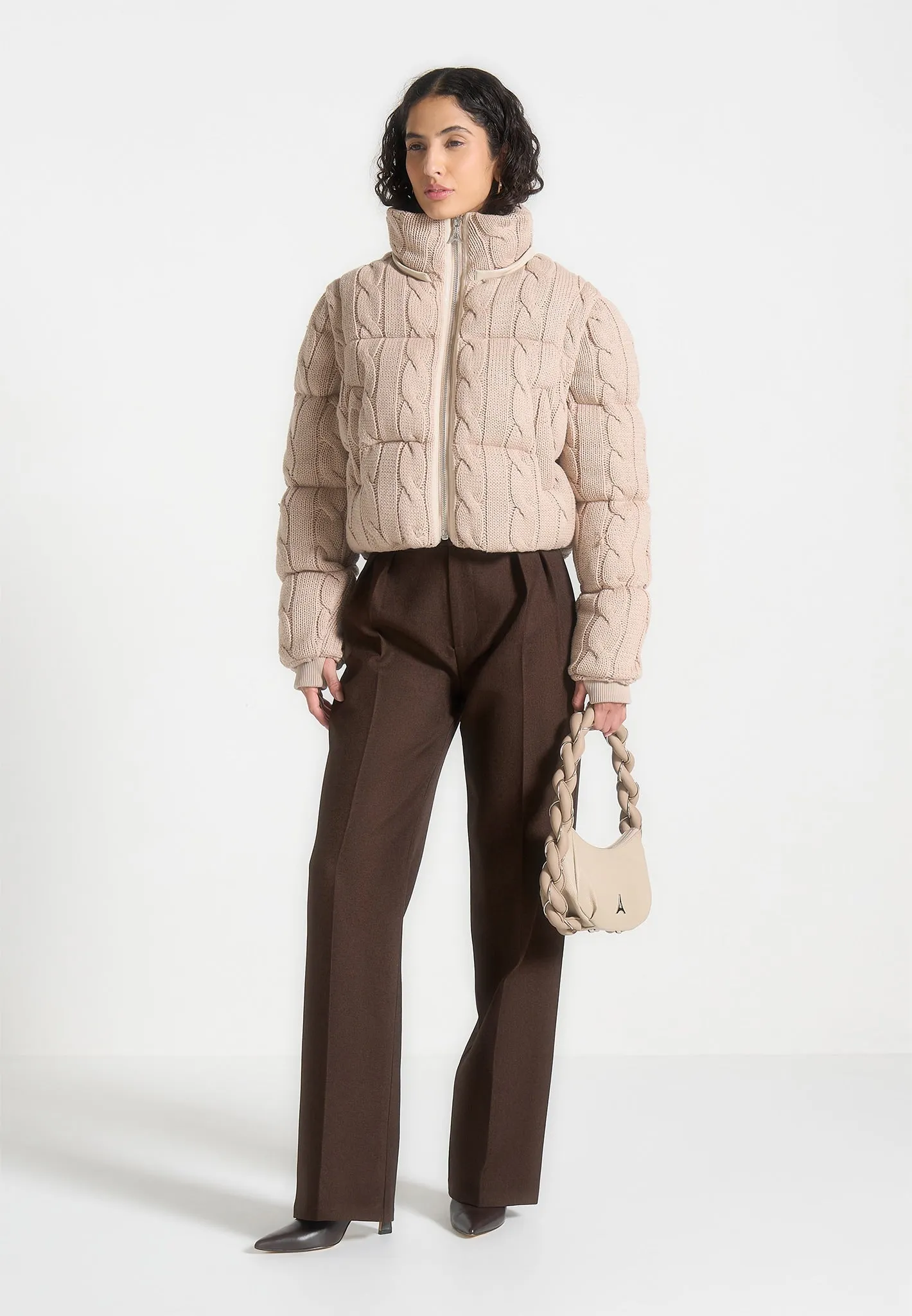 2-in-1 Cable Knit Puffer Jacket/Gilet - Beige