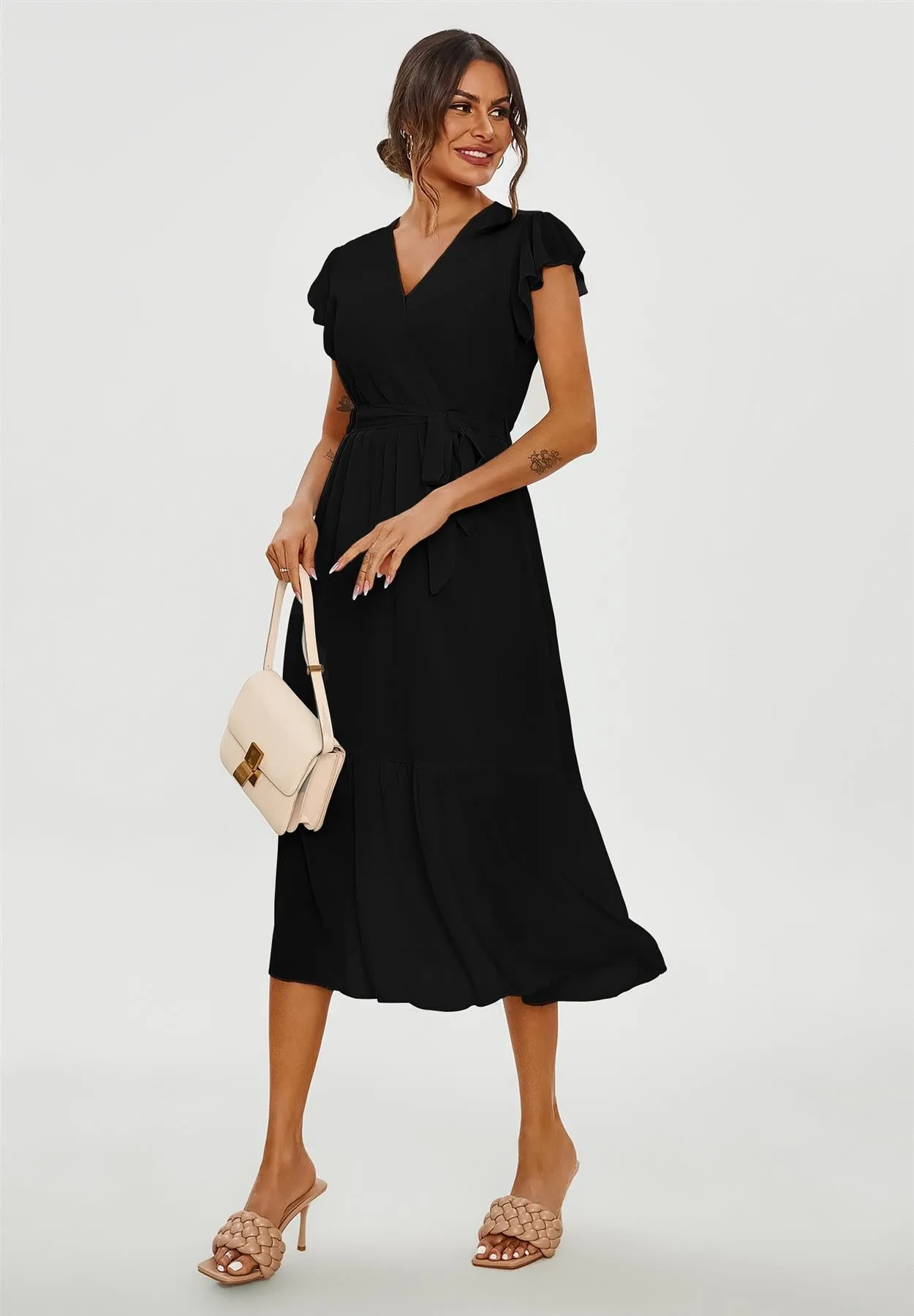 Frill Hem Short Sleeve Midi Dress In Black