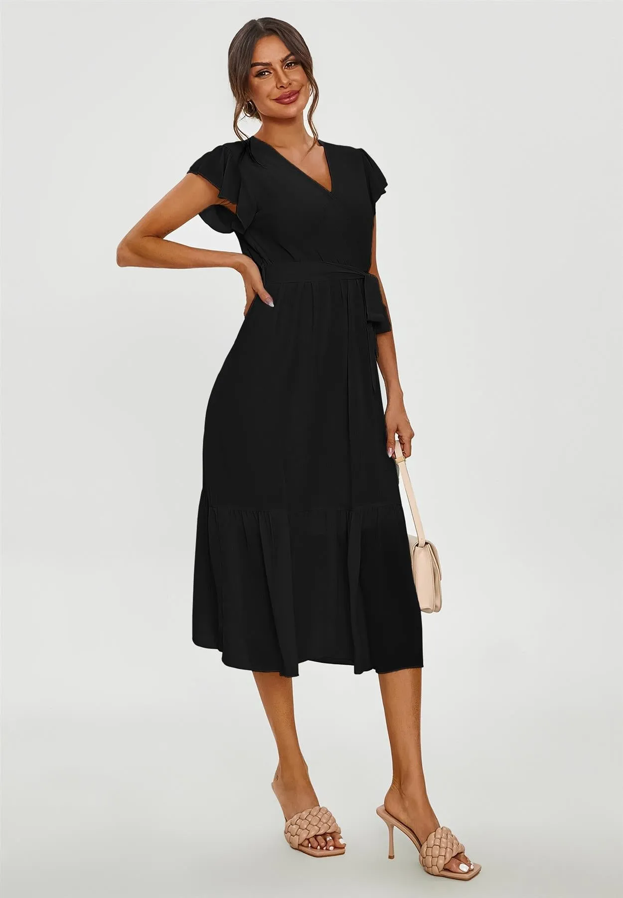 Frill Hem Short Sleeve Midi Dress In Black