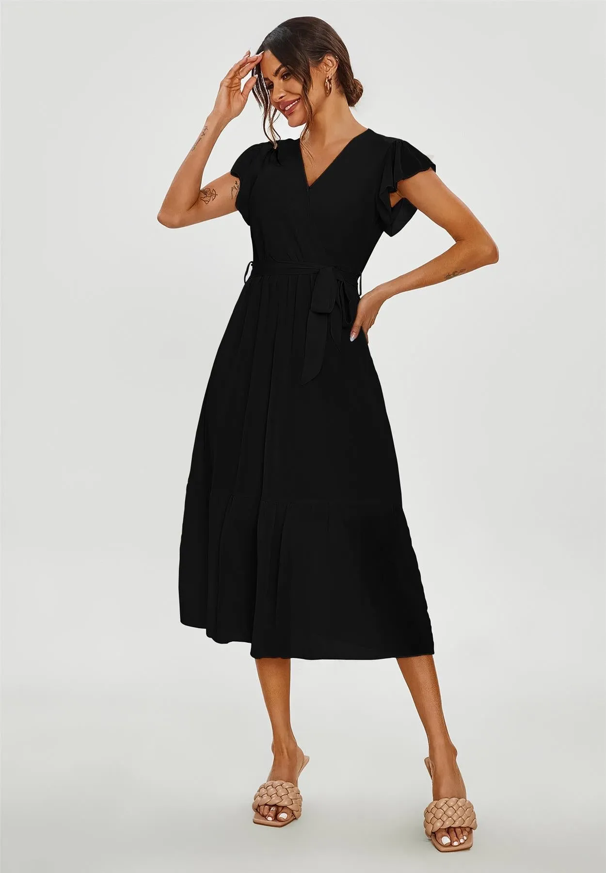 Frill Hem Short Sleeve Midi Dress In Black