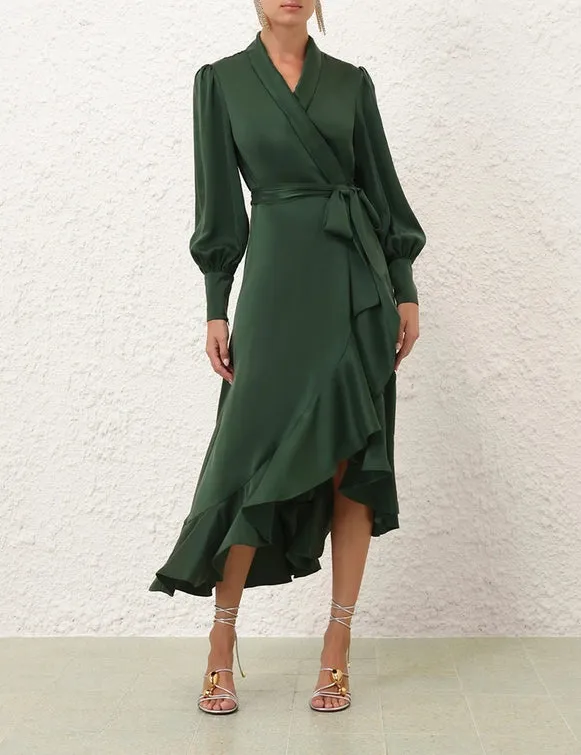 Silk Wrap Midi Dress (Forest Green)