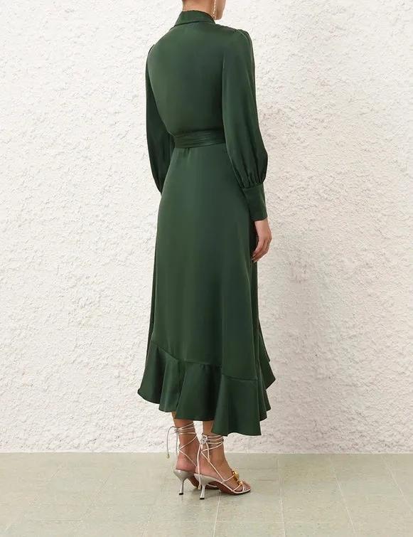Silk Wrap Midi Dress (Forest Green)
