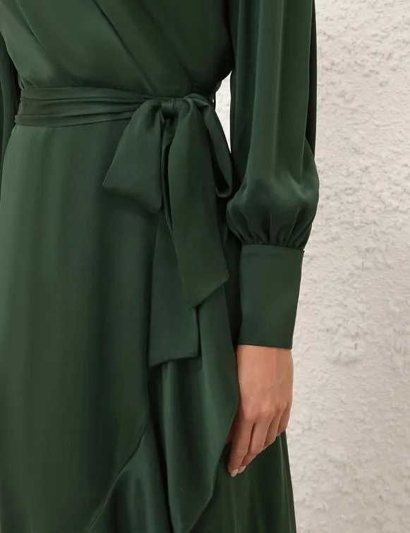 Silk Wrap Midi Dress (Forest Green)