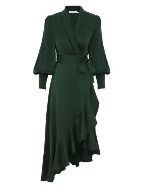 Silk Wrap Midi Dress (Forest Green)