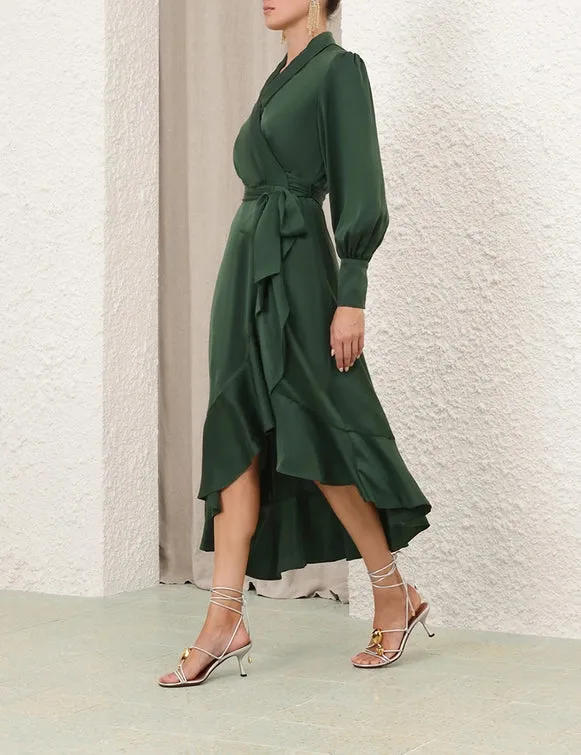 Silk Wrap Midi Dress (Forest Green)